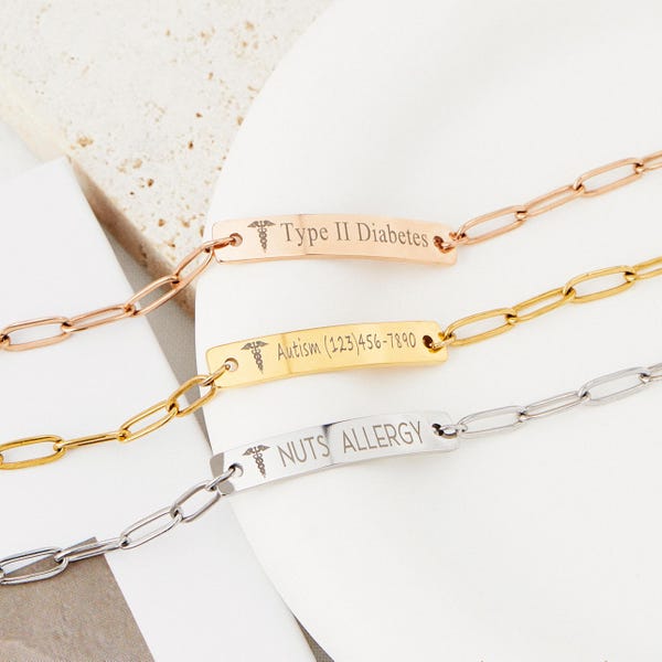 Personalisiertes Armband für Frauen mit individueller Gravur, Allergieinformationen Schmuck, Diabetes, Autismus Armband, Sicherheit Notfallausweis