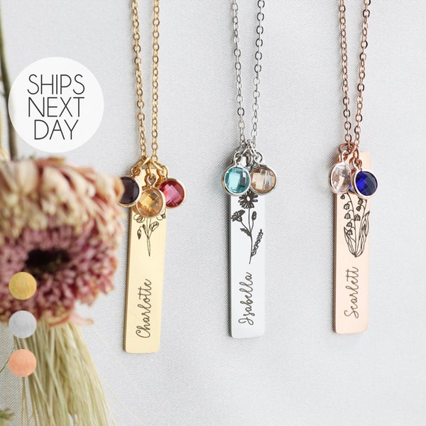 Birth Flower Birthstone Necklace for Mom, Personalized Jewelry, Aquamarine Mother's Day Gift for Women, Girls Grandparent Gifts Birthday