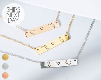 Long Distance Friendship Necklace for Women Personalized Gifts for Best Friend Jewelry Gift Birthday Bar Necklace with State Jewelry