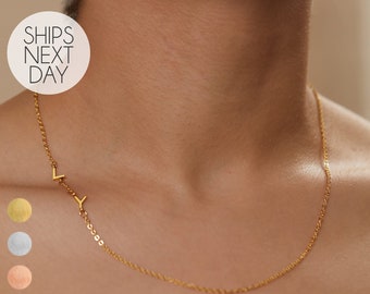Off Center Initial Necklace Sideways Small Initial Necklace Personalized Dainty Letter Necklace Custom Minimalist Jewelry Gift for Her
