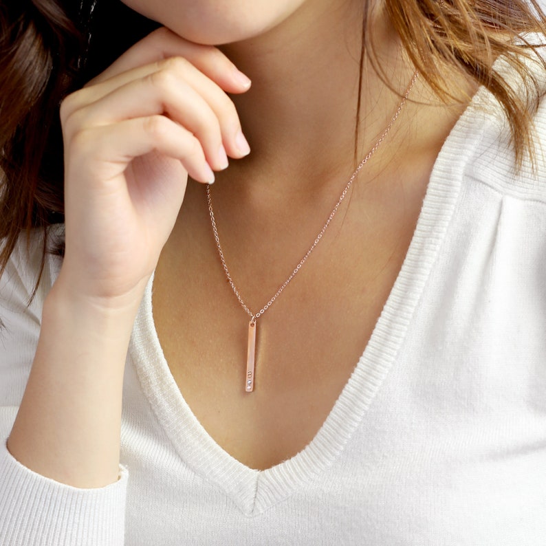Rose Gold Vertical Bar Necklace Birthstone Necklace Engraved Etsy