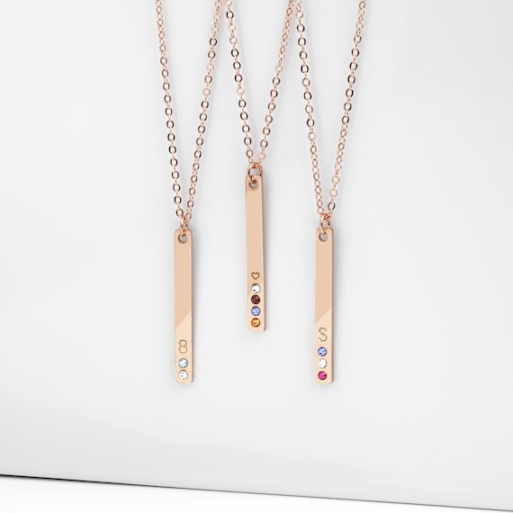 Rose Gold Vertical Bar Necklace Birthstone Necklace Engraved Etsy