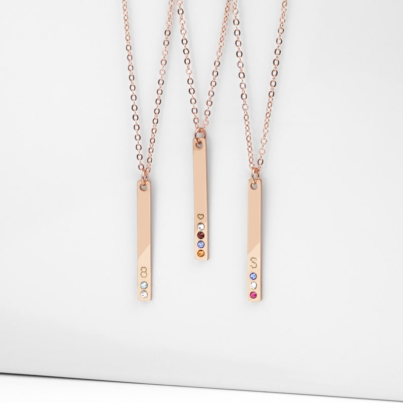 Rose Gold Vertical Bar Necklace Birthstone Necklace Engraved Etsy