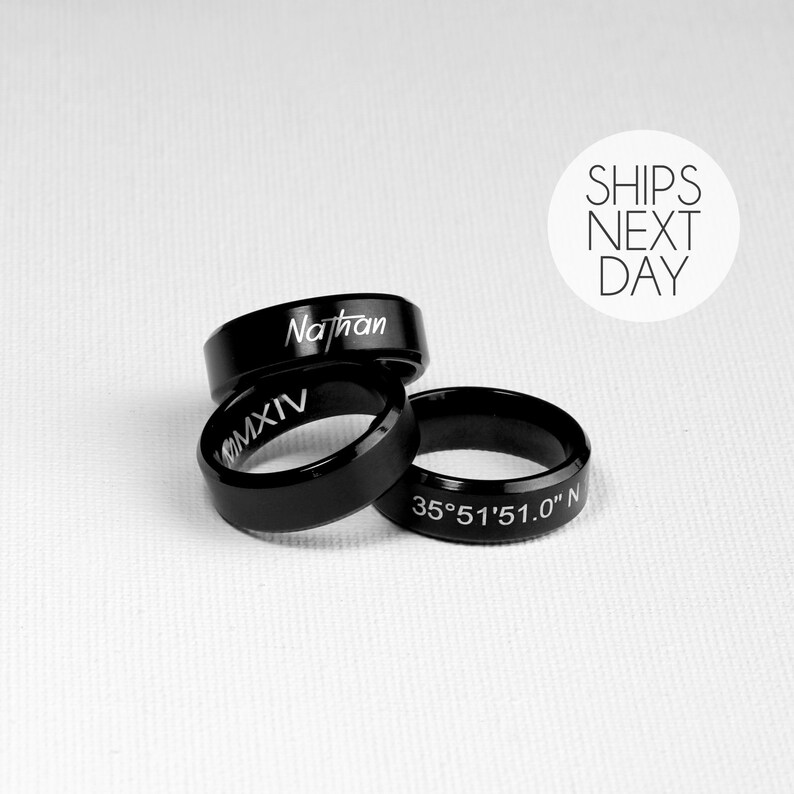 Meaningful Gifts for Him Personalized Rings for Men Custom Matching Rings for Guys Black Engraved Ring Stinless Steel Promise Ring -RMT1 