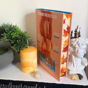 Może przedstawiać: Książka w twardej oprawie zatytułowana "My Dark Vanessa" autorstwa Kate Elizabeth Russell. Okładka jest brzoskwiniowa z ilustracją rudych włosów i tekstem. Krawędzie książki zdobią jesienne liście. Obok książki znajduje się żółta świeca i mała roślina.
