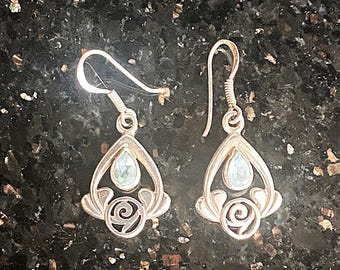 Vintage Sterling Silver Celtic Rose Dangle Earrings with Topaz Gemstone