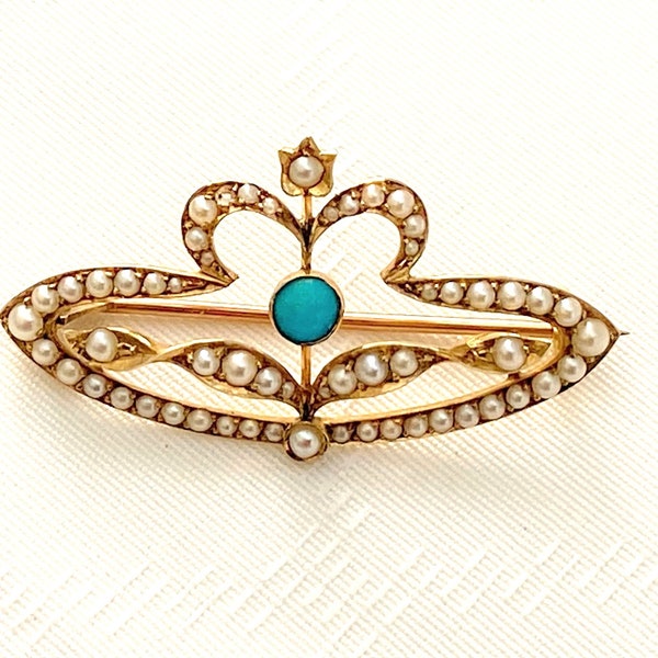 Victorian Antique 15ct Seed Pearl & Turquoise Gold Brooch