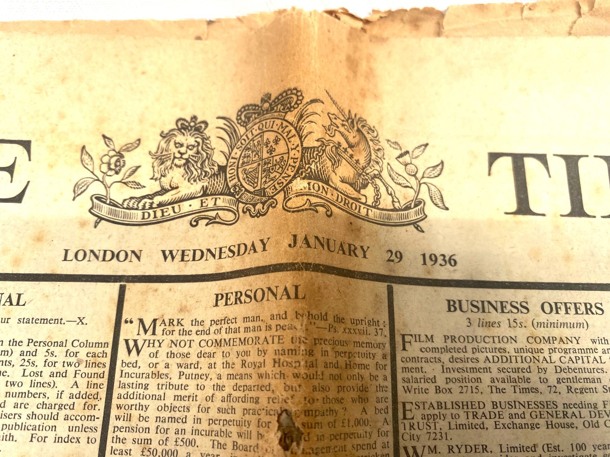 ◆ 大型 古書 [ THE TIMES LONDON ]1936年 古書 大型 ◇ Vintage Newspaper The LONDON TIMES THE 1930s Times 0