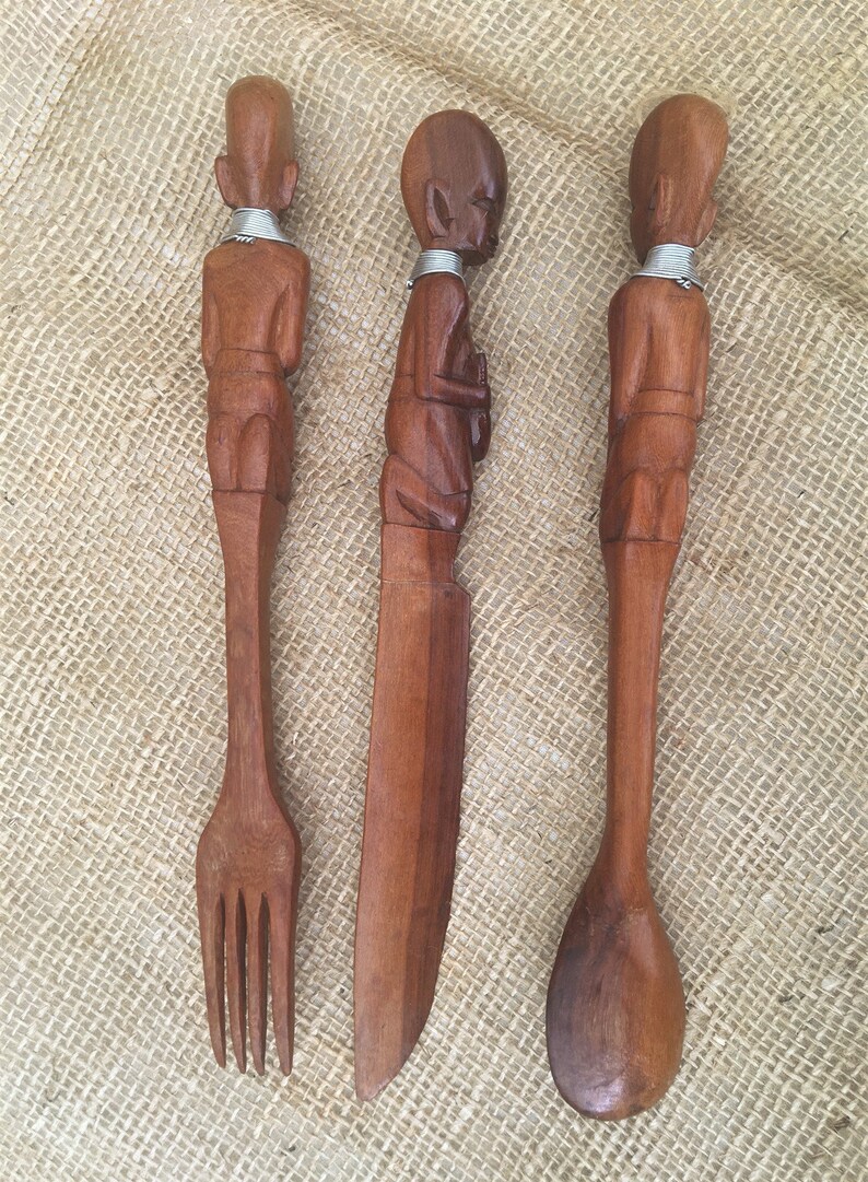 Vintage African Carved Wooden Cutlery Set Knife Fork and Etsy