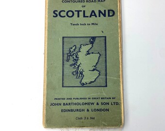 Vintage Bartholomew's Contoured Road Map of Scotland - in need of repair or displayed in a frame