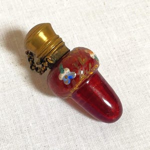 Victorian Chatelaine Ruby Red Glass Scent Bottle 19th Century Hand Painted Floral Perfume Pendant