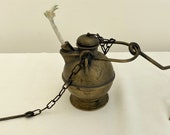 Antique Brass Oil Wick Lamp with Handle and Hook for Hanging