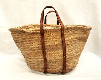 Very Large Rattan Shopping / Beach Bag with Leather Straps