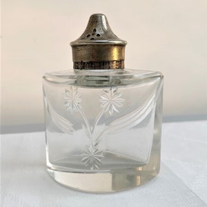 May include: A clear glass salt shaker with a silver top and an etched floral design.