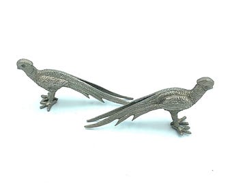 Vintage White Metal Pair of Pheasant Card Holders / Ornaments