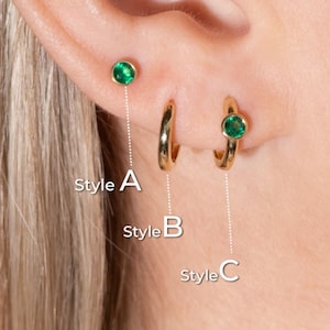 Emerald Hoop and Cartilage Earring | Flat Back Earring For Piercings | May Birthday Gift for Him & Her