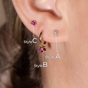 July Birthstone Ruby Hoop & Flat Back Earring | Earring and Hoop with Ruby Charm | For Piercing Helix | Gift For Her