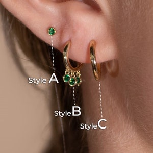 Solid 14k Gold Flat Back Emerald Earring Set for Lobes - Hoop & Stud Mix for Lobe Piercings - Gifts Under 150 - Personalized Gifts for Mom