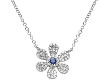 14k White Gold Diamond Blue Sapphire Lily Flower Pendant Necklace Gemstone Pendant September Birthstone Necklace, Minimalist Necklace, Gifts