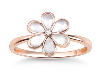 Unique Flower Head Mother Of Pearl Gemstone Rose Gold Diamond Ring, Pearl Ring Dainty, 14k Gold Dainty Diamond Ring, Girlfriend Ring For Her