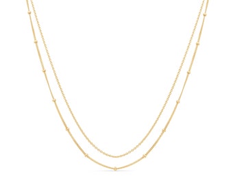 14k Gold Beaded Cuban Double Layer Chain Necklace Double layered Necklace Multi Layer Beaded Necklace Jewelry Gift