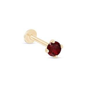 Solid Gold Garnet Earring For Nose 14K Gold Cartilage Labret Stud Earring 2.5mm & 3mm Conch and Helix Piercing Jewelry 18G Flat Back Stud