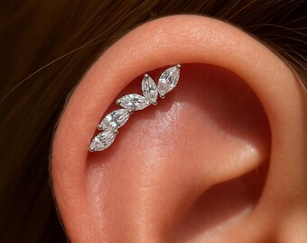 White Gold Marquise CZ Ear Climber, Flat Back Cartilage Earring