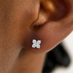 Dainty 14k Gold Flower Diamond Stud | Cartilage or Helix Piercing Earring | Diamond Flat Back Jewelry | Anniversary Gift for Wife