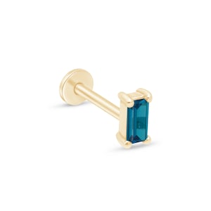 Blue Topaz Baguette Cut Stud Earring, 14k Yellow Gold, Flat Back Cartilage Stud, Threaded 18G Helix Piercing, Hypoallergenic Gift For Her