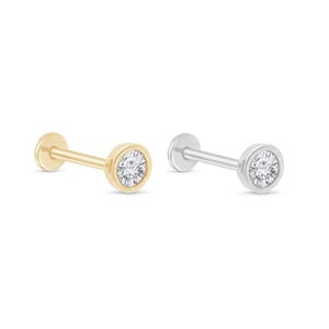 Flat Back Earring Stud in 14K Solid Gold, Bezel CZ Cartilage Stud for Helix and Tragus Piercings, Hypoallergenic Gold For Sensitive Skin