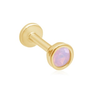Women Flat Back Earring 14k Solid Gold Cartilage Stud Pink Opal Bezel Tragus Earring Helix Piercing Conch Piercing Jewelry Gift for Men