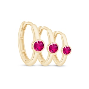 Gold Huggie Earrings, Ruby Helix Hoop, Red Ruby Earring, Ruby Huggie Hoop, Rook Earring Bezel, July Birthstone Earring, Conch Hoop Jewelry