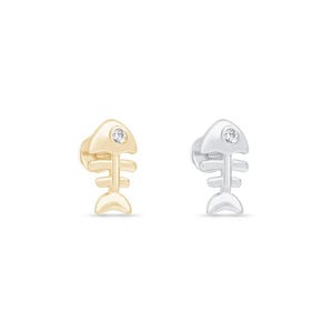 Brinco pequeno de pino com formato de espinha de peixe, em ouro maciço 14K com zircônia cúbica, para piercing na cartilagem, joia náutica com tema animal, ideia de presente de aniversário.