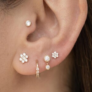 May include: A collection of gold-toned earrings, including a small stud, a flower-shaped stud, a hoop earring, and a dangling earring with a round gem. The earrings are set against the backdrop of an ear.