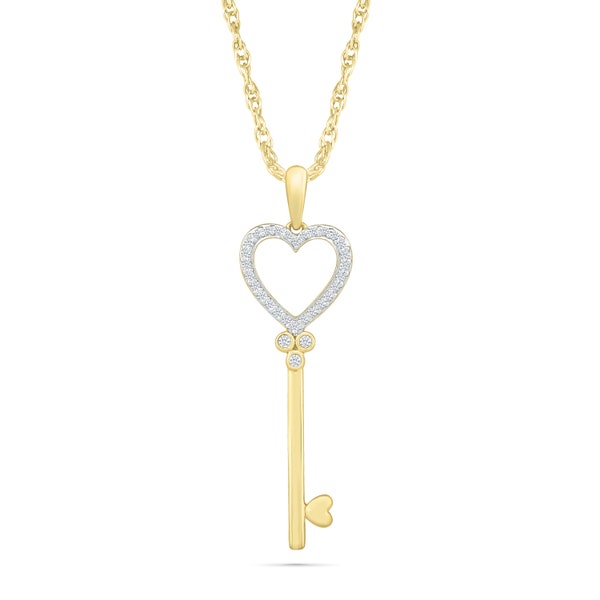 10k Yellow Gold Diamond Heart Key Pendant Necklace Dainty Necklace For Women Love Jewelry Gift Idea For Her Birthday Wedding Anniversary