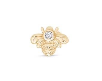 CZ Bumble Bee Flat Back Stud Earring in 14K Gold, Helix Cartilage Piercing Jewelry, Hypoallergenic Threaded Minimal Birthday Gift