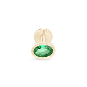 Oval Emerald Stud Earrings in 14K Solid Gold Flat Back Cartilage Piercing Hypoallergenic Tragus Helix Nose Stud Gift Idea for Men