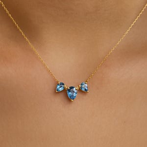 Swiss Blue Topaz Necklace in 10k Gold, Triple Pear Cut Pendant, December Birthstone Jewelry, Anniversary Gift, Mom Necklace