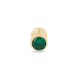 Real Gold Emerald Cartilage Earring | 18G Threaded Flat Back Stud for Tragus & Conch Piercing | Hypoallergenic Solid Gold Jewelry For Him