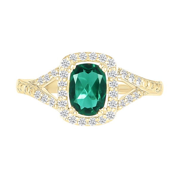 May Birthstone Ring, Lab-Created Emerald Gemstone, White Sapphire Ring, 10k Yellow Gold Jewelry, Wedding Anniversary Birthday Gift For Her