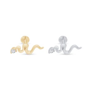 Pendientes de cartílago con diseño de serpiente en oro sólido de 14k, pendiente de cartílago con rosca interna y respaldo plano,joyería fina