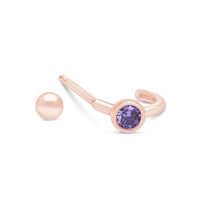 Dainty 14k Rose Gold Purple Amethyst Huggie Earring For Mom, Amethyst Bezel Set Huggie, Cartilage Piercing Hoop, Mother’s Day Jewelry Gift