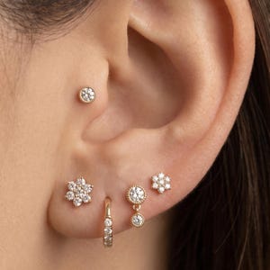 May include: A close-up of an ear adorned with multiple gold earrings. The earrings include a small stud, a flower-shaped stud, a small hoop, and a dangling earring with a circular design. All earrings feature clear, sparkling stones.