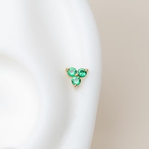 Lab Grown Emerald 14k Gold Earring, Hypoallergenic Flat Back Stud, Helix and Tragus Piercing, Green Emerald Threaded Stud, May Born Gift