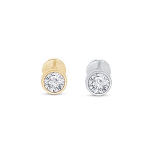 Natural Diamond Solitaire Bezel Stud in 2mm, 2.5mm & 3mm, 18G Flat Back Threaded Earring, Hypoallergenic 14k Gold Labret Stud For Piercings