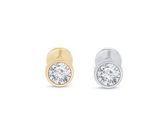 Diamond Bezel Flat Back Stud Earring in 14K Gold, 18G Threaded Labret Cartilage Piercing Jewelry, 2mm/2.5mm/3mm Minimal Stud
