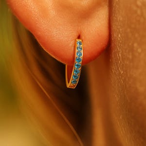 Blue Topaz Huggie Hoop Earring in 14K Gold, Dainty Gemstone Hoop for Helix or Lobe Piercing, Minimalist Topaz Jewelry Gift For Him or Her