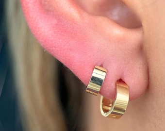 May include: A pair of small, gold hoop earrings. One earring is in the ear, and the other is below it. The earrings have a simple, polished design, reflecting light. The earrings are a classic jewelry item.