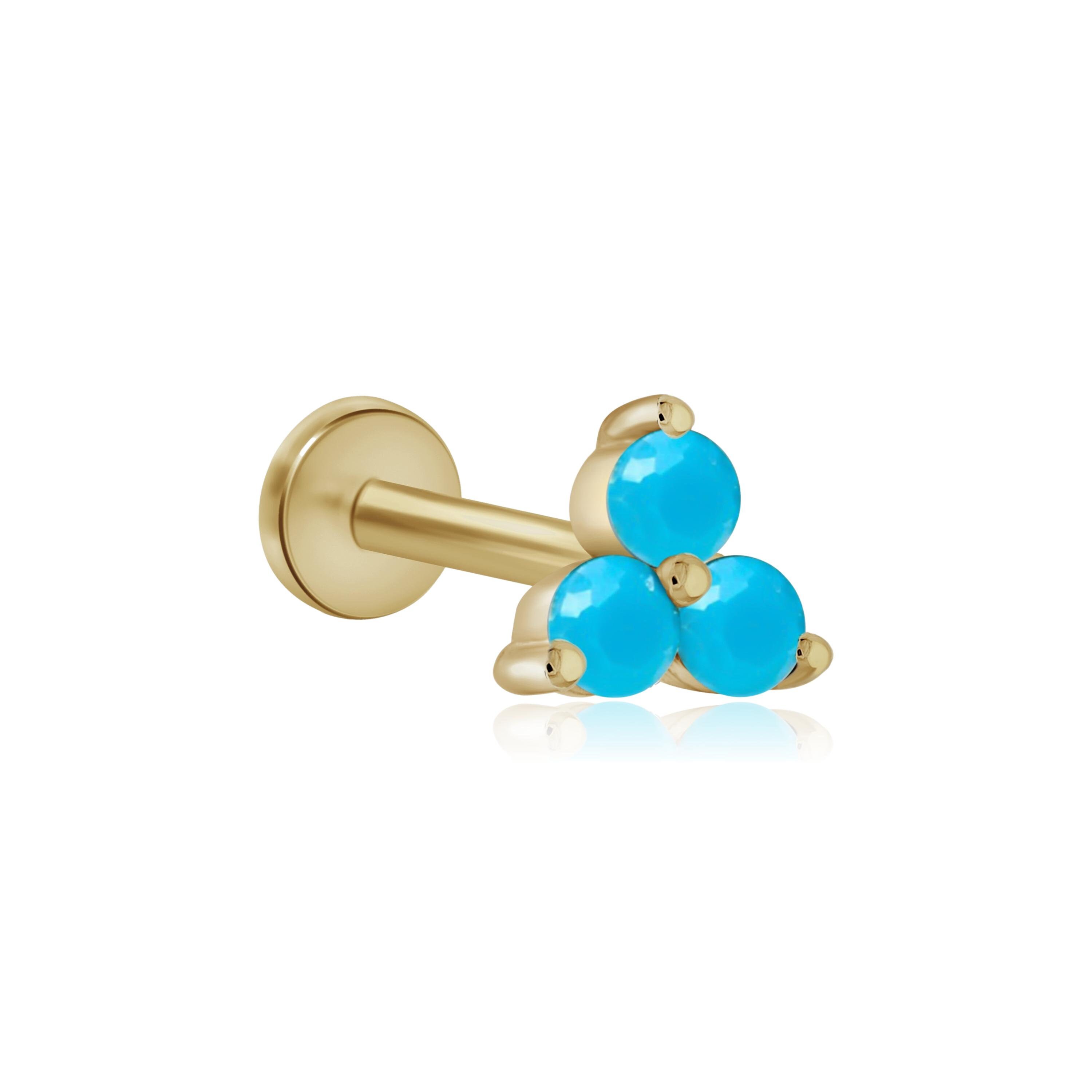 14k Solid Gold Three Stone Stud Earrings Turquoise Trio Earrings