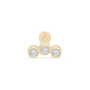 Solid 14K Gold Triple CZ Cartilage Earring, 18G Internally Threaded Flat Back Stud, Hypoallergenic Helix Tragus Piercing Jewelry for Women